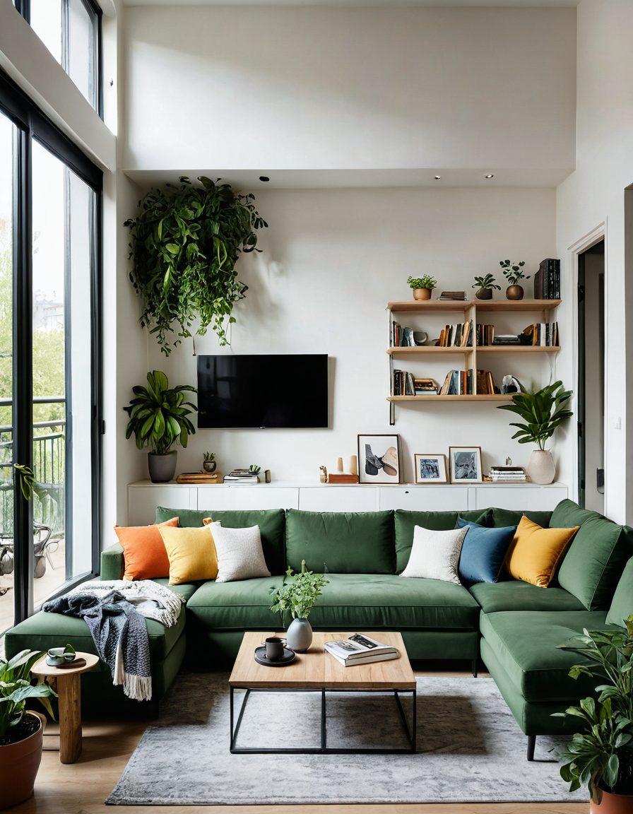 A stylish modern apartment interior featuring a cozy living room with large windows, greenery visible outside, and a mix of trendy decor styles. Include a workspace with tech gadgets, a comfortable lounge area with books and art, and a small balcony garden. The setting should convey a sense of community living along with individual comfort. super-realistic. vibrant colors. white background.