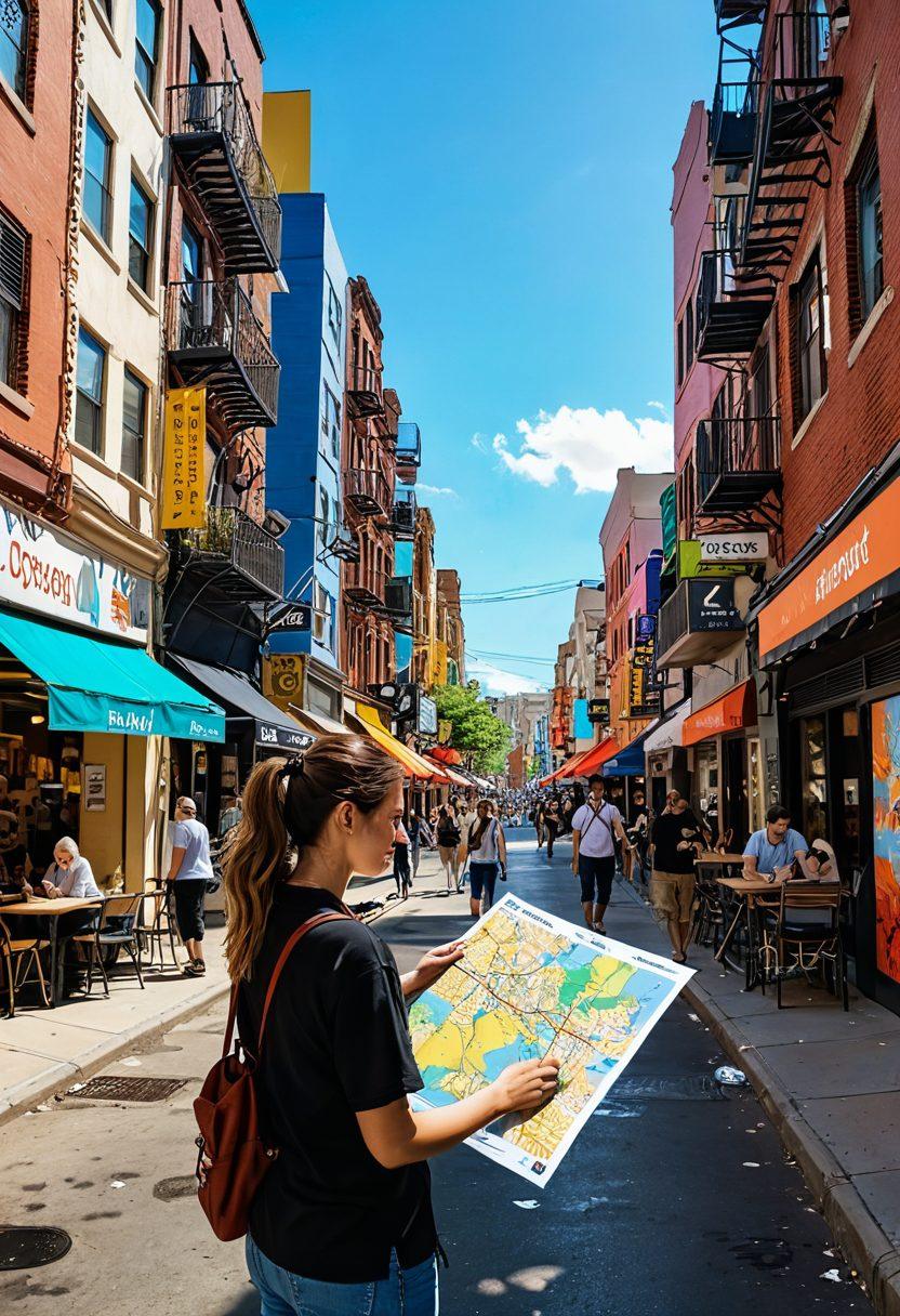 A bustling urban landscape filled with diverse apartment buildings, a person holding a rental agreement while navigating a city map, surrounded by colorful street art and local shops. Incorporate elements like a sunny sky and people engaging in everyday activities to convey the vibrancy of urban living. super-realistic. vibrant colors. 3D.