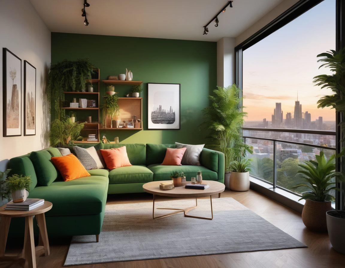 A stylish modern apartment interior with vibrant decor showcasing urban trends, featuring cozy furniture, plants, and chic leasing information on a bulletin board. Include an outdoor balcony view of a city skyline at sunset with twinkling lights. Highlight elements of organization and creativity in the living space. minimalist design, bright colors, 3D.